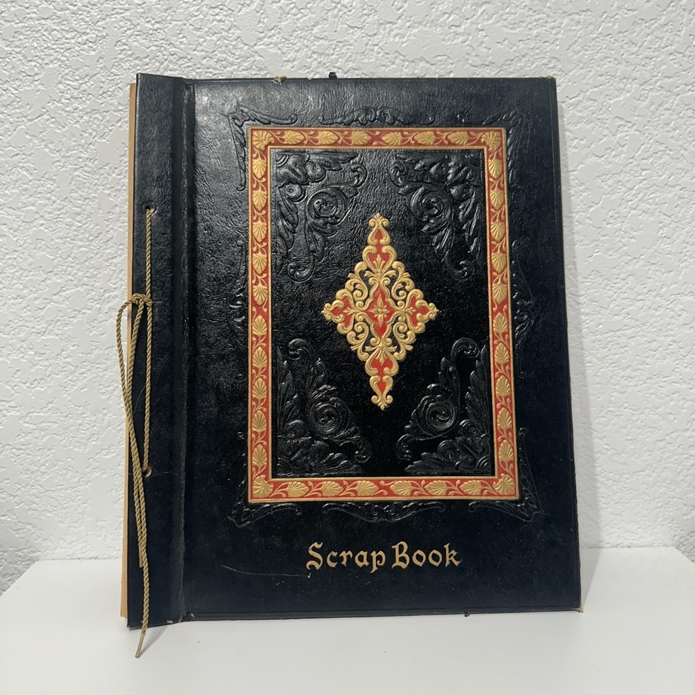 Vintage Leather Bound Unused Scrapbook Black Red Gold